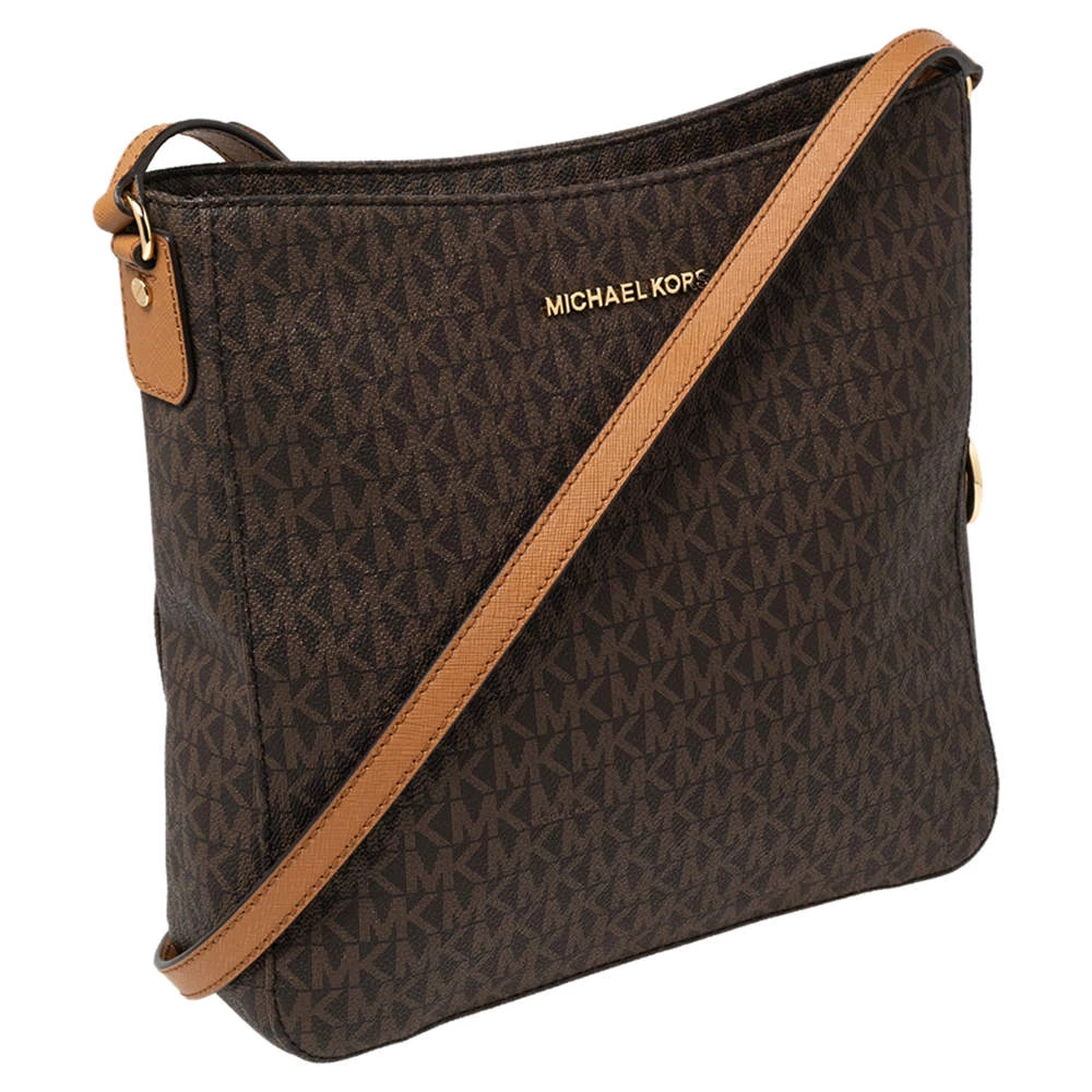 Michael Kors Brown Signature Coated Canvas And Leather Jet Set Messenger Bag For Women - Image 3