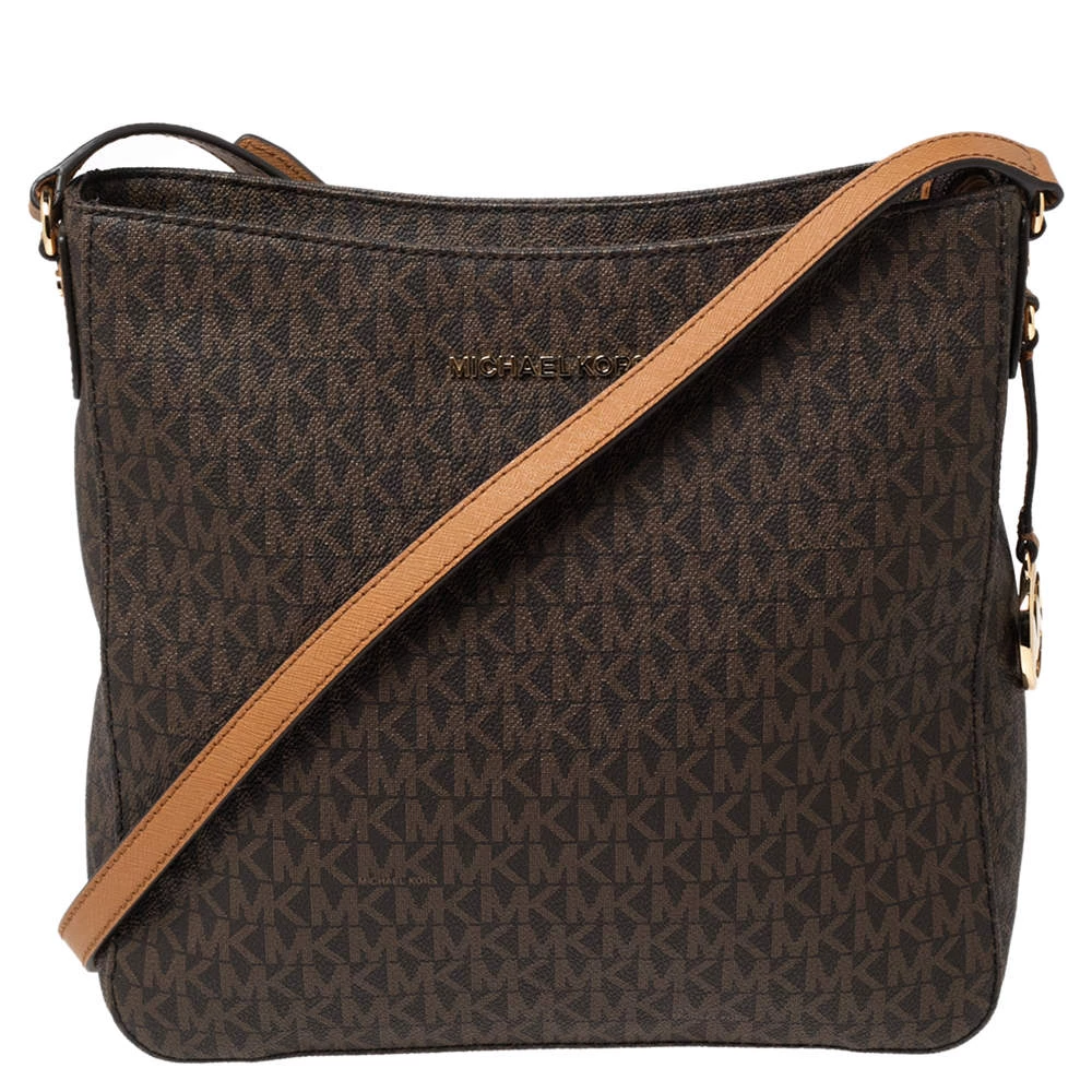 Michael Kors Brown Signature Coated Canvas And Leather Jet Set Messenger Bag For Women