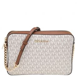 Michael Kors White/Brown Signature Coated Canvas And Leather Large Jet Set Crossbody Bag For Women