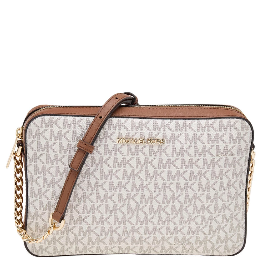 Michael Kors White/Brown Signature Coated Canvas And Leather Large Jet Set Crossbody Bag For Women