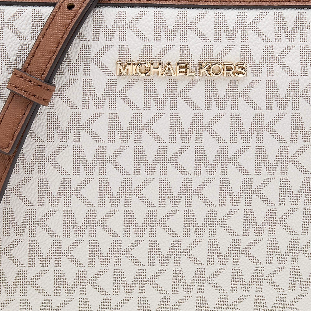 Michael Kors White/Brown Signature Coated Canvas And Leather Large Jet Set Crossbody Bag For Women - Image 5