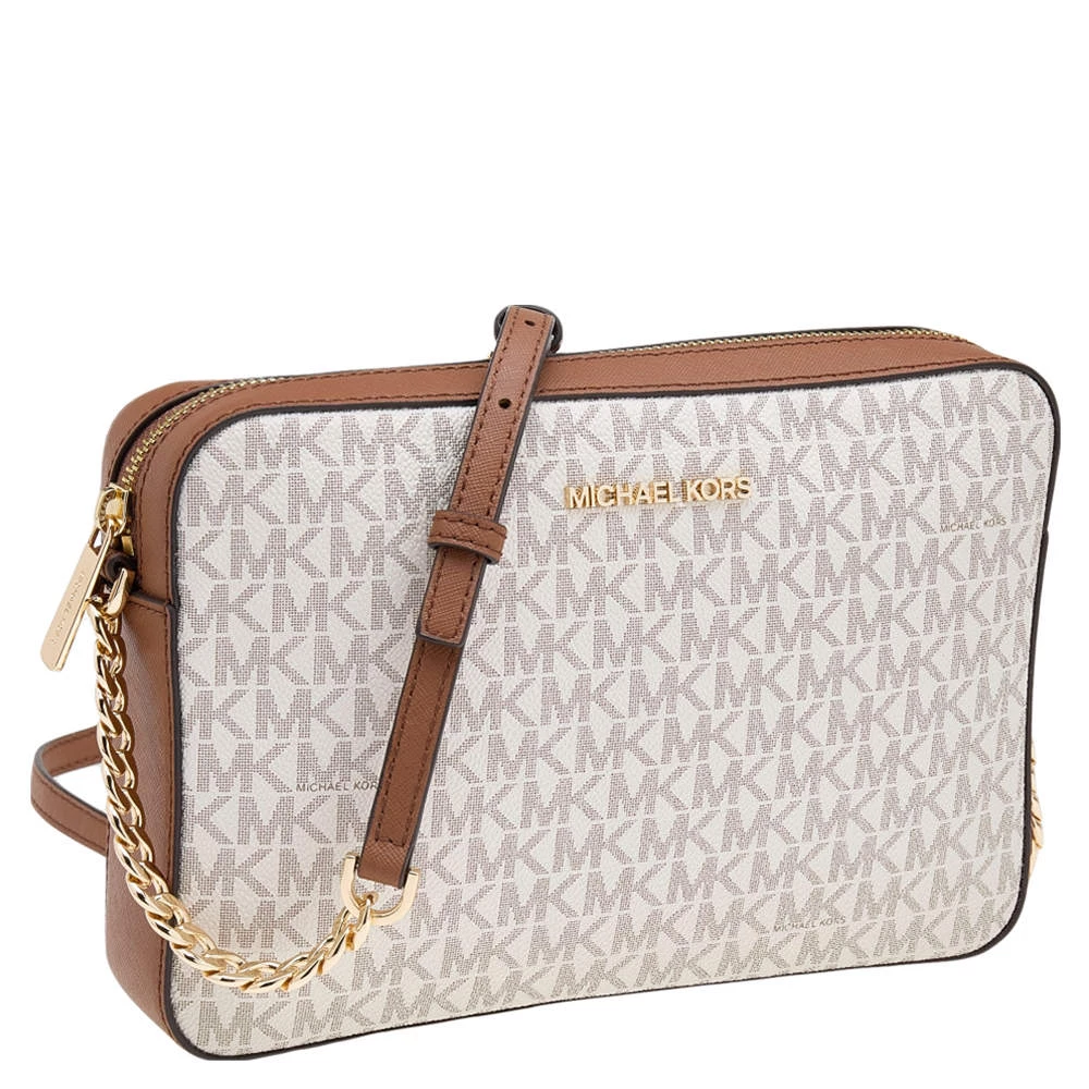 Michael Kors White/Brown Signature Coated Canvas And Leather Large Jet Set Crossbody Bag For Women - Image 3