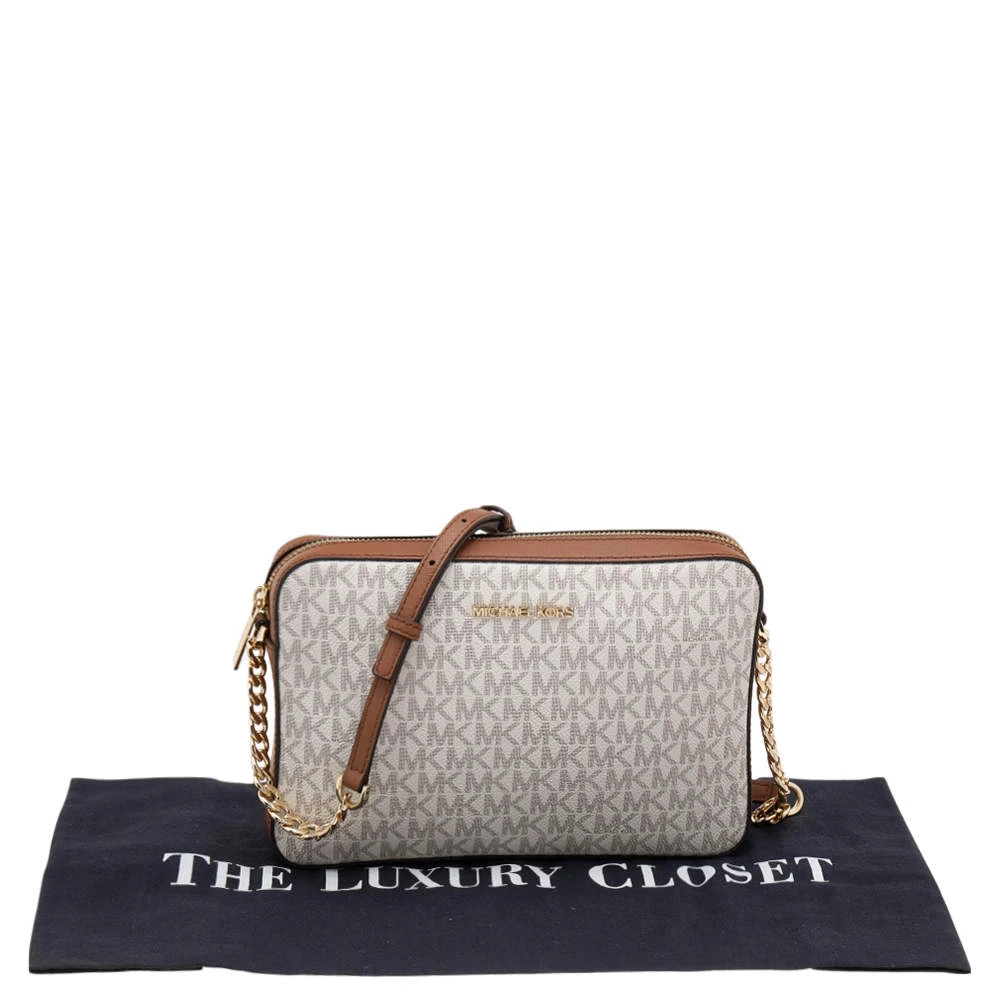 Michael Kors White/Brown Signature Coated Canvas And Leather Large Jet Set Crossbody Bag For Women - Image 9