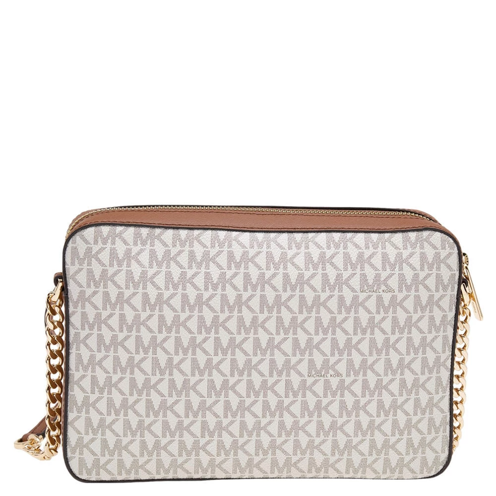 Michael Kors White/Brown Signature Coated Canvas And Leather Large Jet Set Crossbody Bag For Women - Image 4