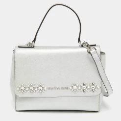 Michael Kors Silver Leather Small Ava Crystals Embellished Top Handle Bag For Women