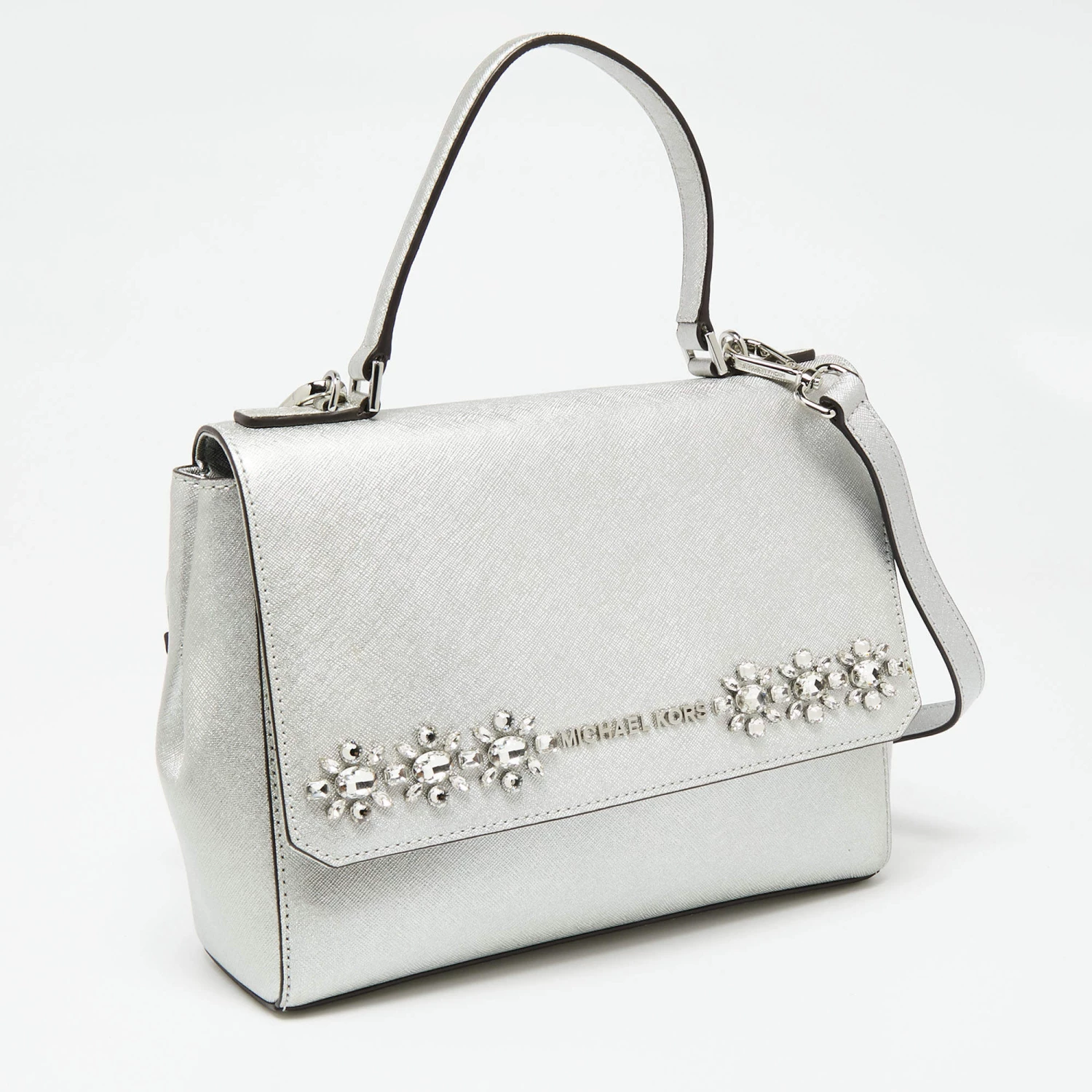 Michael Kors Silver Leather Small Ava Crystals Embellished Top Handle Bag For Women - Image 3