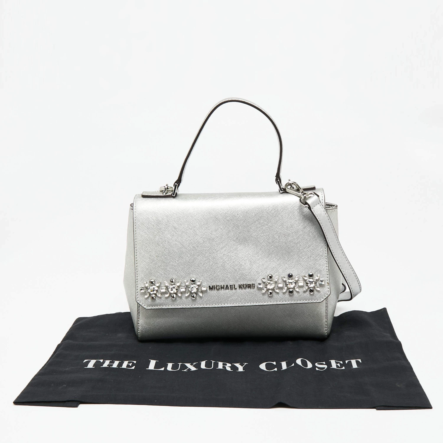 Michael Kors Silver Leather Small Ava Crystals Embellished Top Handle Bag For Women - Image 11