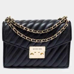 Michael Kors Black Quilted Leather Medium Rose Flap Shoulder Bag For Women