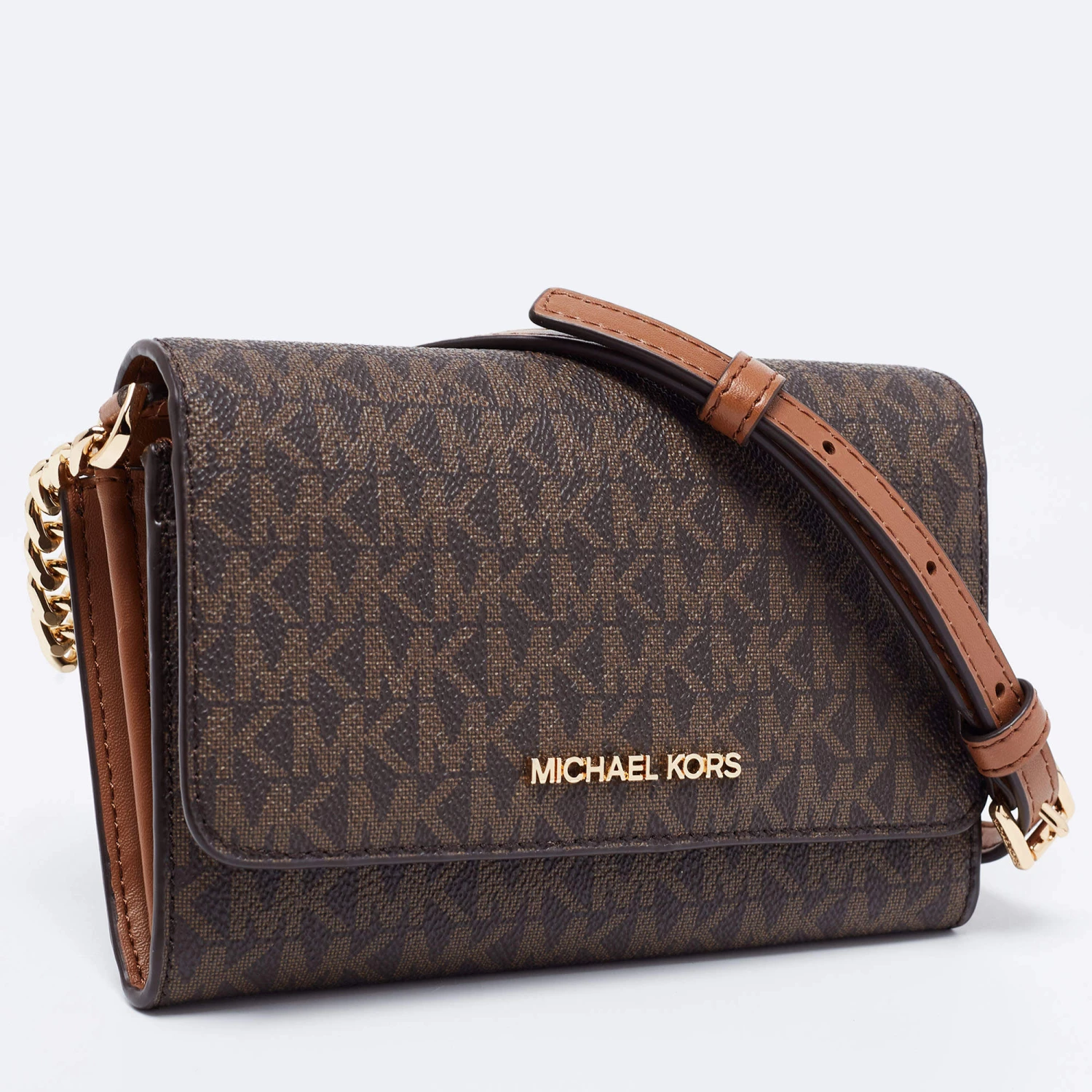 Michael Kors Brown Signature Coated Canvas And Leather Medium Multifunction Phone Crossbody Bag For Women - Image 3