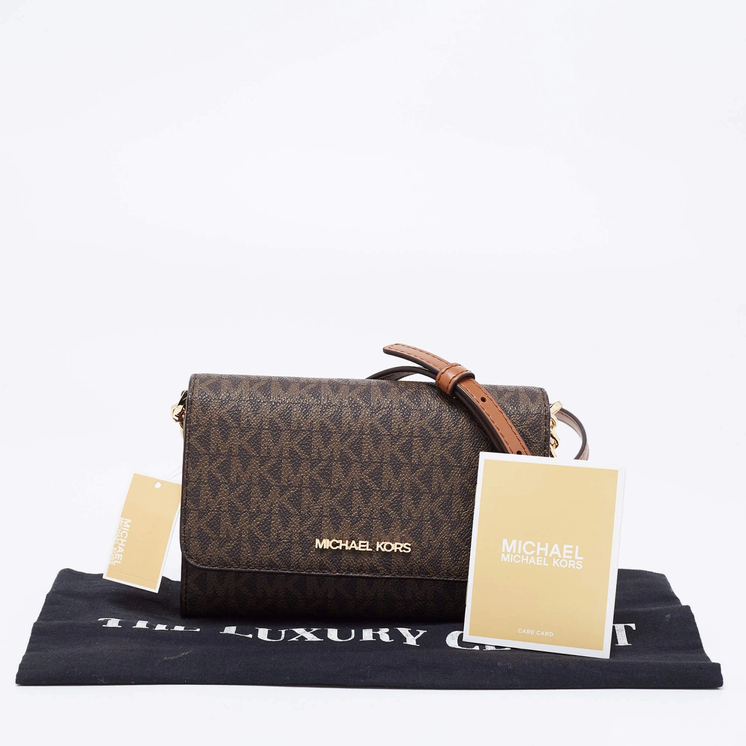 Michael Kors Brown Signature Coated Canvas And Leather Medium Multifunction Phone Crossbody Bag For Women - Image 11