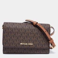 Michael Kors Brown Signature Coated Canvas And Leather Medium Multifunction Phone Crossbody Bag For Women