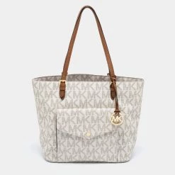 Michael Kors White/Beige Signature Coated Canvas And Leather Jet Set Pocket Tote For Women