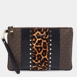 Michael Kors Brown/Black Signature Coated Canvas,Leather And Calfhair Jet Set Travel Wristlet Pouch For Women