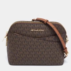 Michael Kors Brown Signature Coated Canvas Jet Set Dome Crossbody Bag For Women