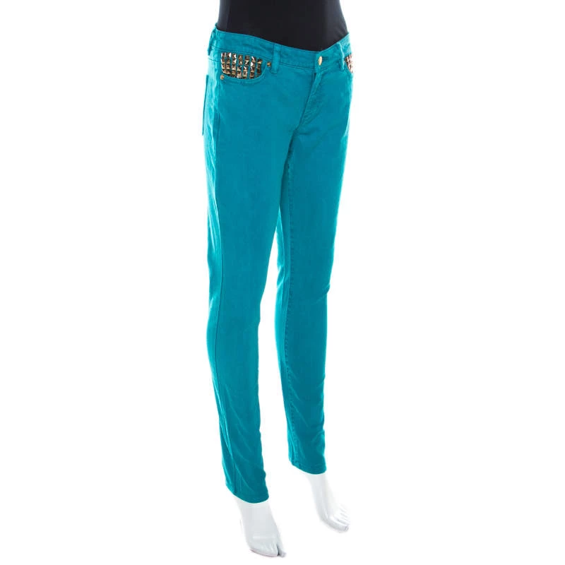 Michael Kors Turquoise Blue Denim Studded Pocket Detail Skinny Jeans S For Women - Image 2