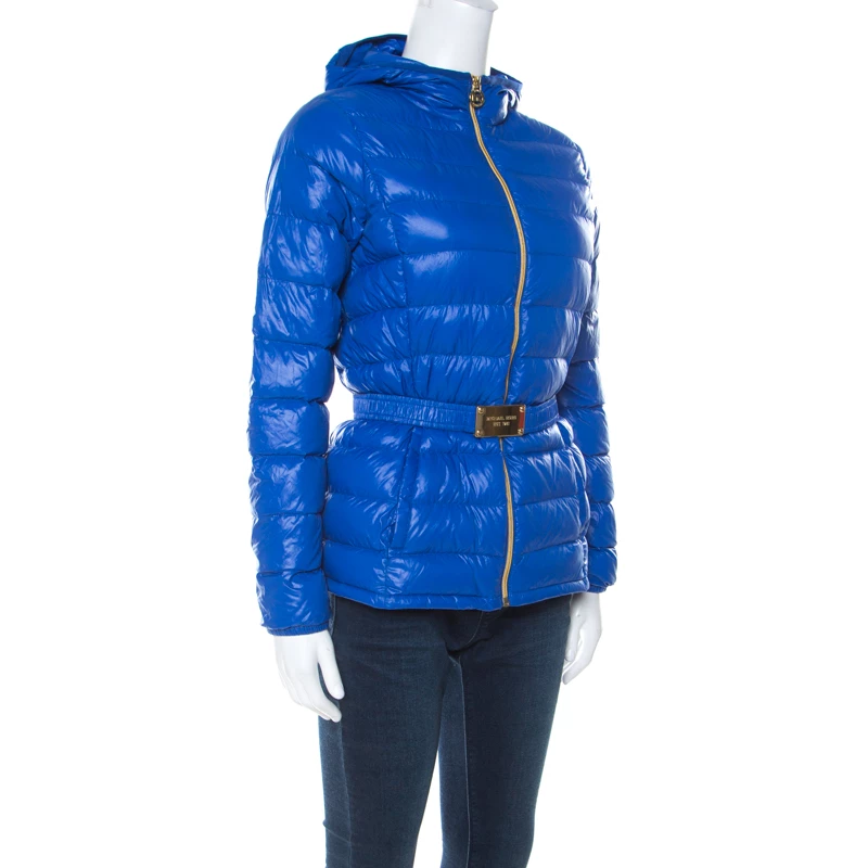 Michael Kors Blue Quilted Waist Belt Detail Hooded Jacket XS For Women - Image 2