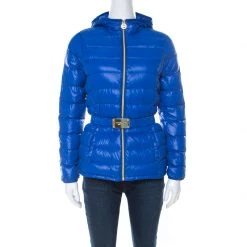 Michael Kors Blue Quilted Waist Belt Detail Hooded Jacket XS For Women