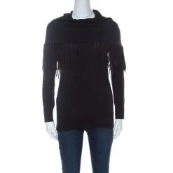 Michael Kors Black Lurex Cowl Neck Fringe Detail Knit Sweater XS For Women