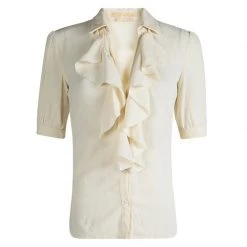 Michael Kors Cream Silk Ruffle Front Detail Blouse S For Women