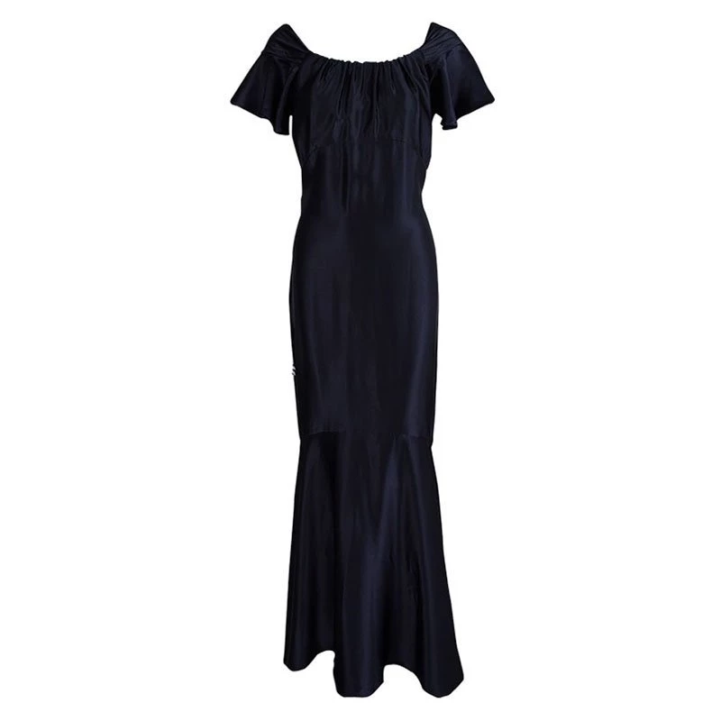 Michael Kors Navy Blue Satin Ruffle Detail Backless Maxi Dress S For Women