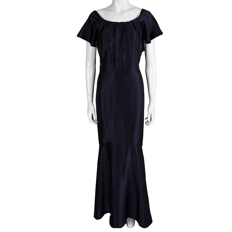 Michael Kors Navy Blue Satin Ruffle Detail Backless Maxi Dress S For Women - Image 2