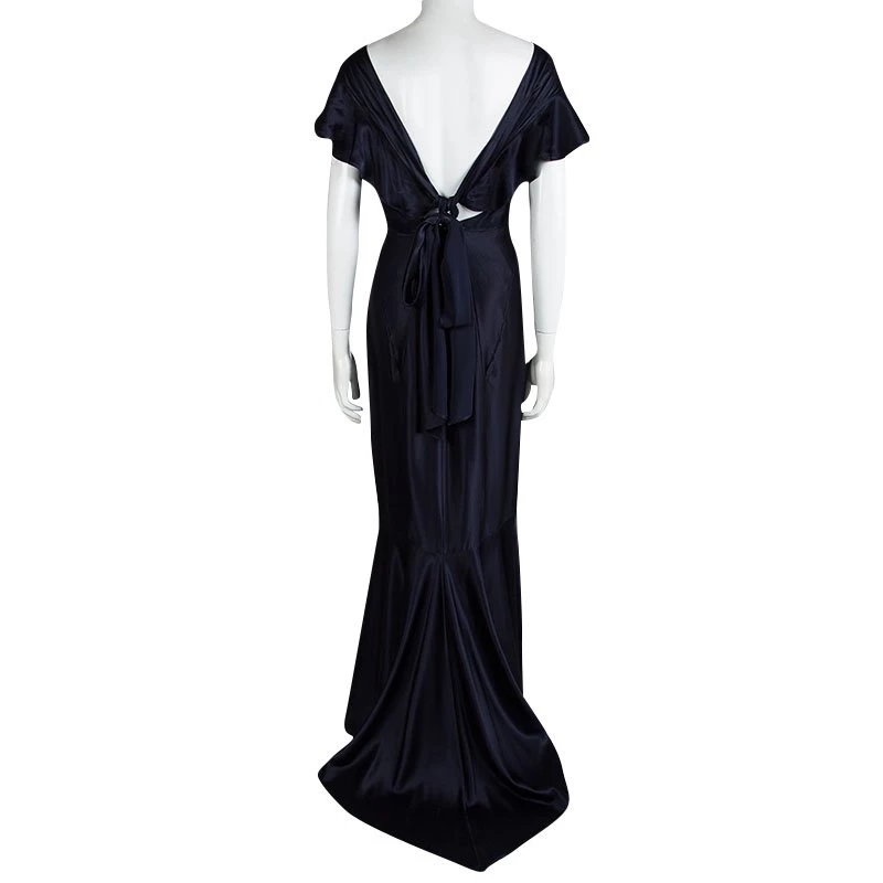 Michael Kors Navy Blue Satin Ruffle Detail Backless Maxi Dress S For Women - Image 3