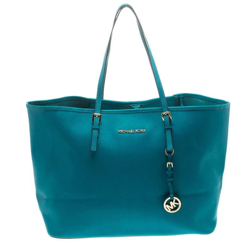 Michael Kors Teal Blue Saffiano Leather Jet Set Shopping Tote For Women