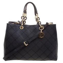 Michael Kors Black Leather Cynthia Cross Stitch Tote For Women