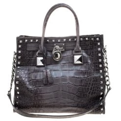 Michael Kors Grey Croc Embossed Leather Studded Hamilton Tote For Women