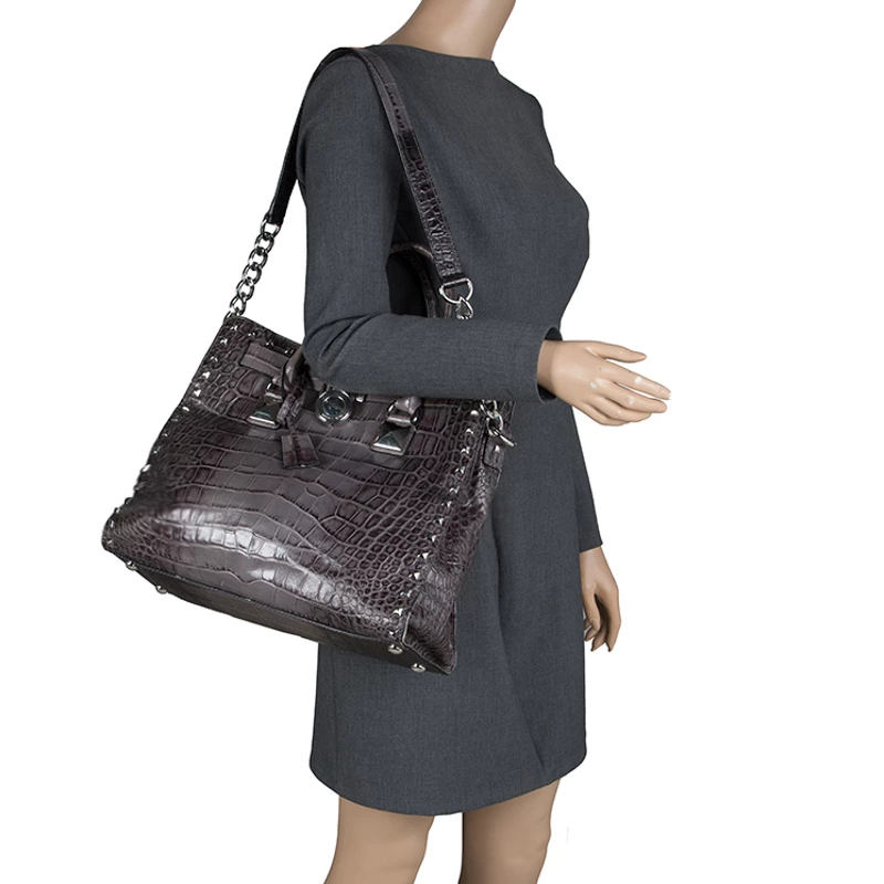 Michael Kors Grey Croc Embossed Leather Studded Hamilton Tote For Women - Image 2