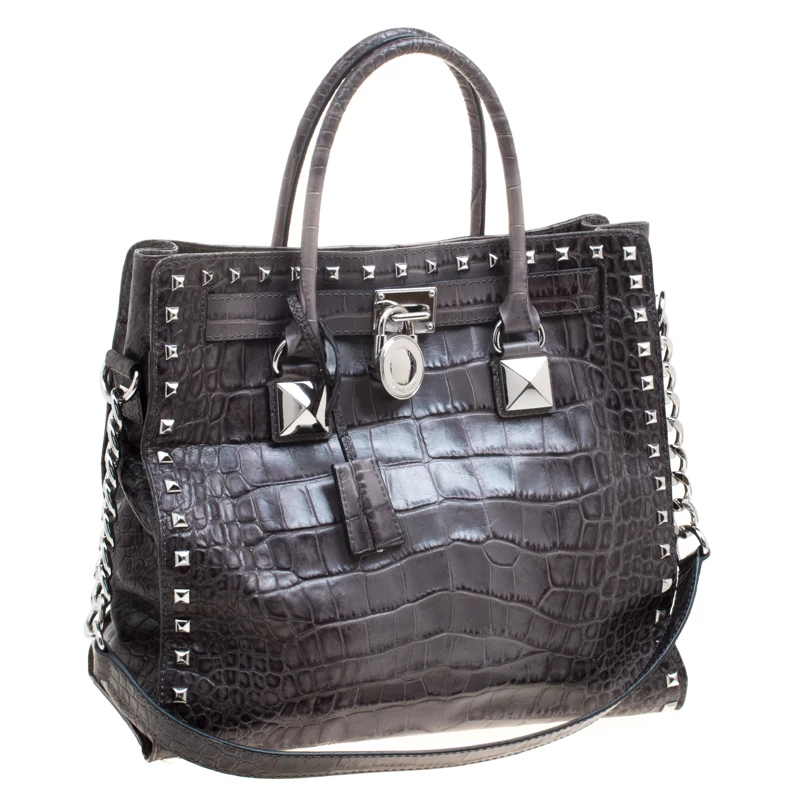 Michael Kors Grey Croc Embossed Leather Studded Hamilton Tote For Women - Image 3