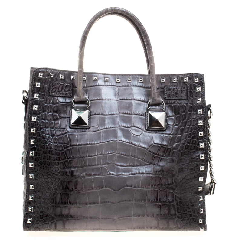Michael Kors Grey Croc Embossed Leather Studded Hamilton Tote For Women - Image 4