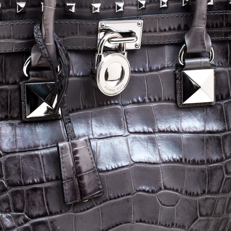 Michael Kors Grey Croc Embossed Leather Studded Hamilton Tote For Women - Image 5