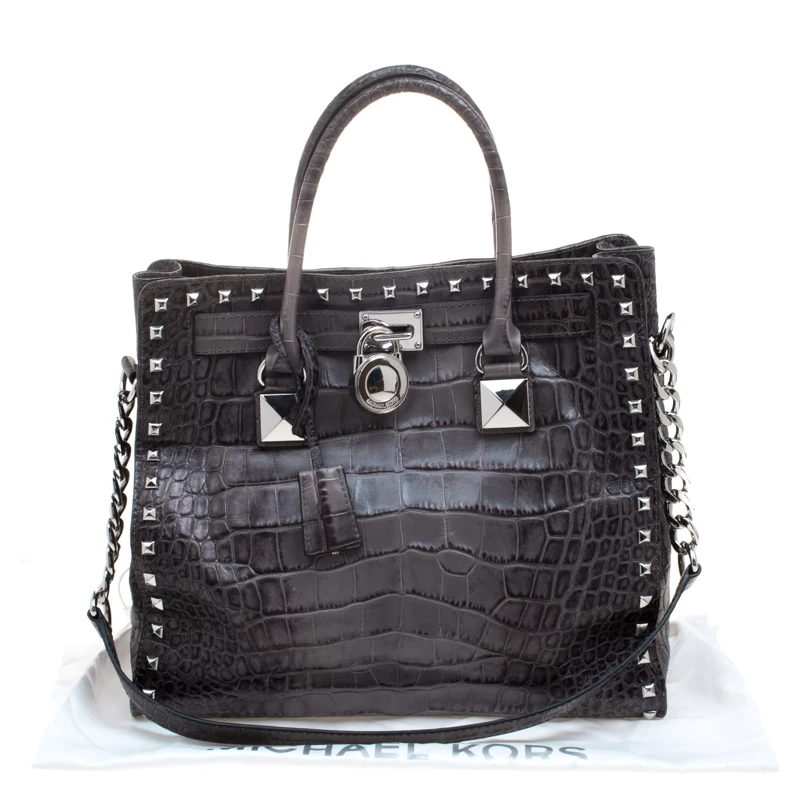Michael Kors Grey Croc Embossed Leather Studded Hamilton Tote For Women - Image 9