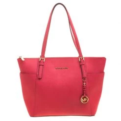 Michael Kors Red Saffiano Leather Large Top Zip Jet Set Tote For Women