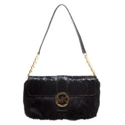 Michael Kors Black Fur And Python Embossed Leather Shoulder Bag For Women