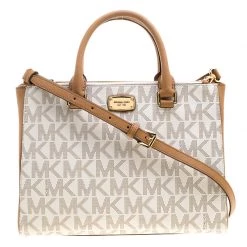 Michael Kors Off White/Brown Signature Coated Canvas Kellen Top Handle Bag For Women