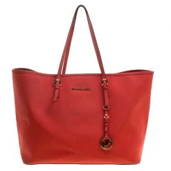 Michael Kors Red Saffiano Leather Jetset Tote For Women