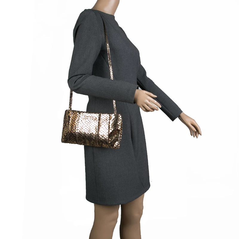 Michael Kors Metallic Gold Snake Embossed Suede Shoulder Bag For Women - Image 2