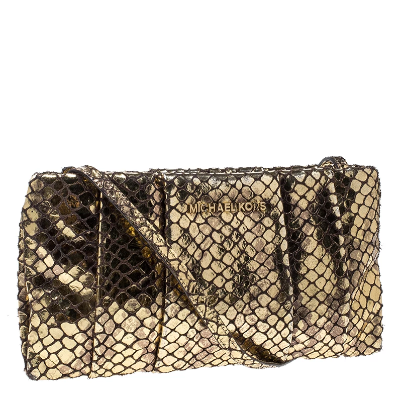 Michael Kors Metallic Gold Snake Embossed Suede Shoulder Bag For Women - Image 3
