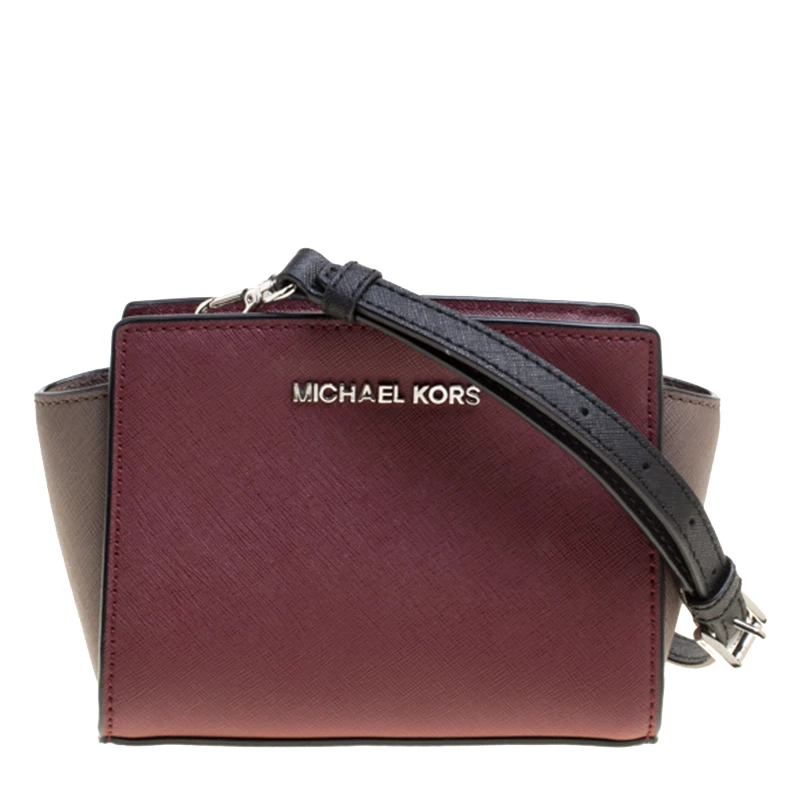 Michael Kors Burgundy/Grey Saffiano Leather Mini Selma Crossbody Bag For Women