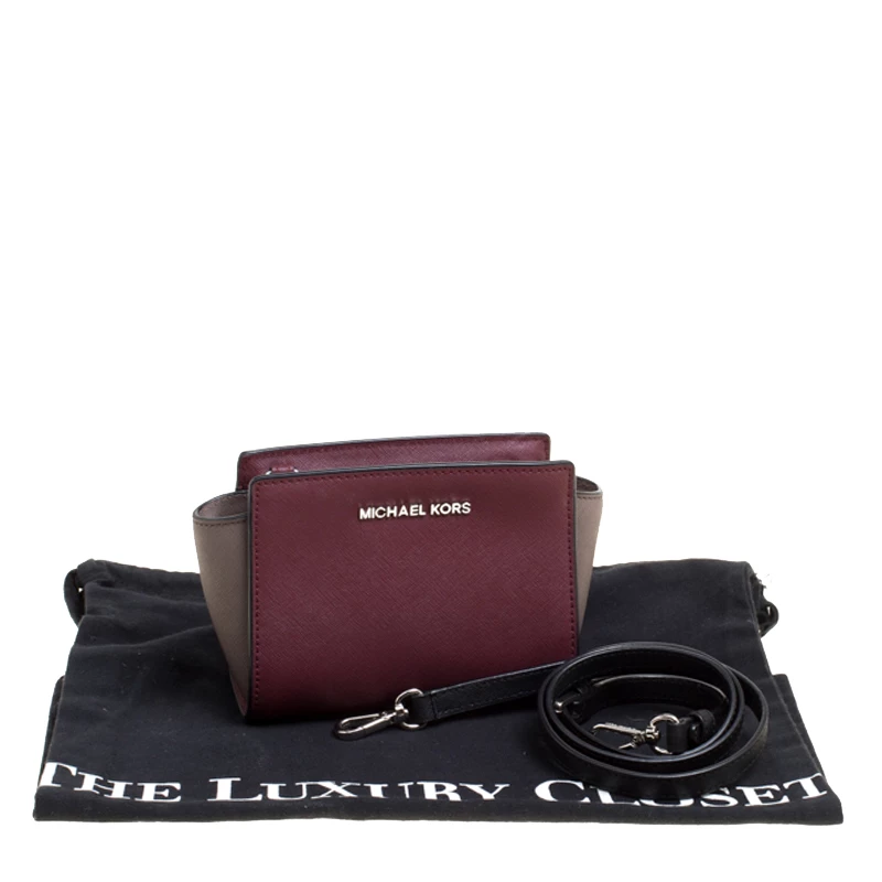 Michael Kors Burgundy/Grey Saffiano Leather Mini Selma Crossbody Bag For Women - Image 9