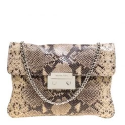 Michael Kors Beige Python Embossed Leather Oversized Sloan Clutch For Women