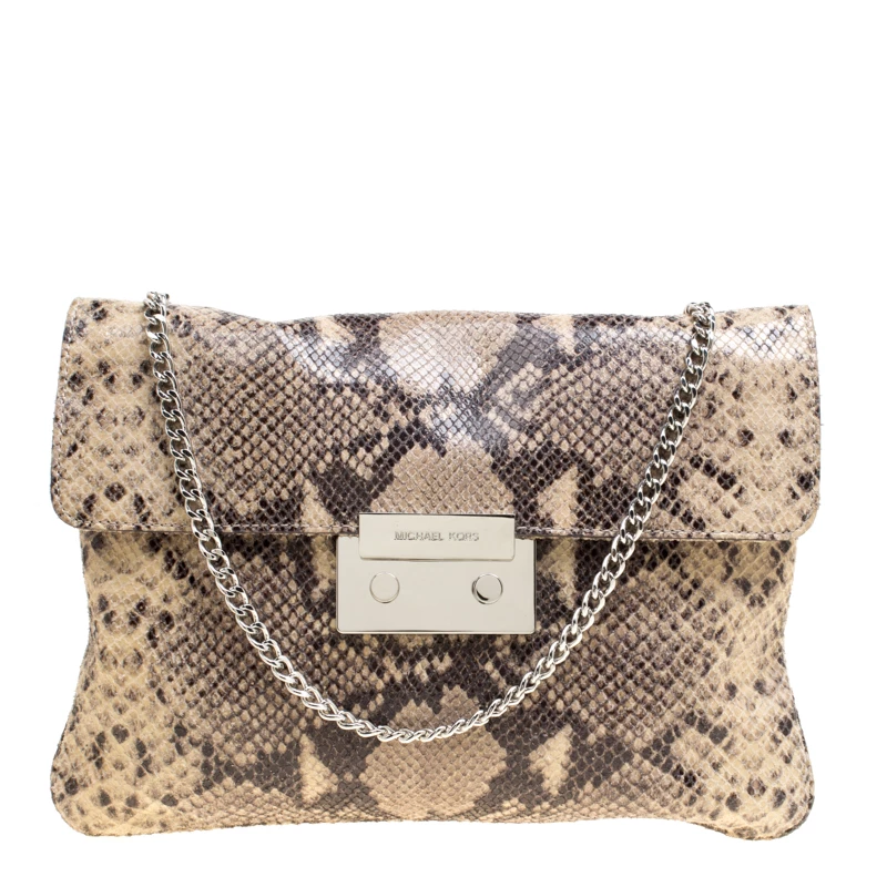 Michael Kors Beige Python Embossed Leather Oversized Sloan Clutch For Women