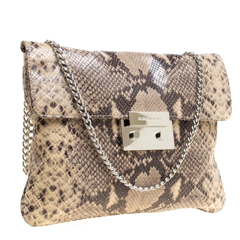 Michael Kors Beige Python Embossed Leather Oversized Sloan Clutch For Women - Image 3