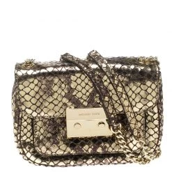 Michael Kors Metallic Gold Python Embossed Leather Small Sloan Shoulder Flap Bag For Women
