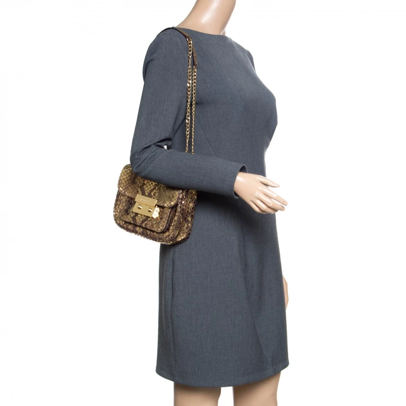 Michael Kors Metallic Gold Python Embossed Leather Small Sloan Shoulder Flap Bag For Women - Image 2
