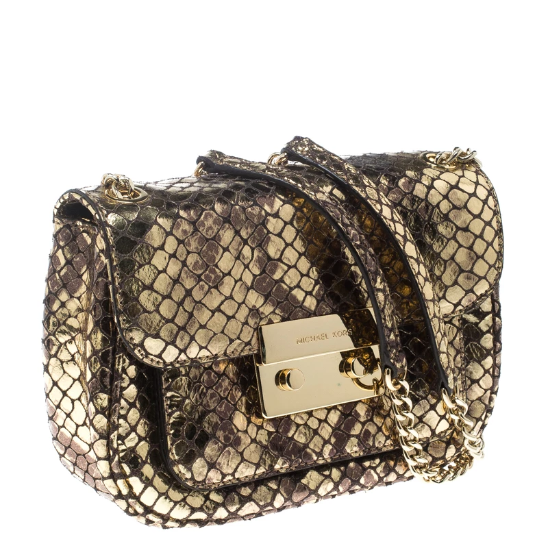 Michael Kors Metallic Gold Python Embossed Leather Small Sloan Shoulder Flap Bag For Women - Image 3