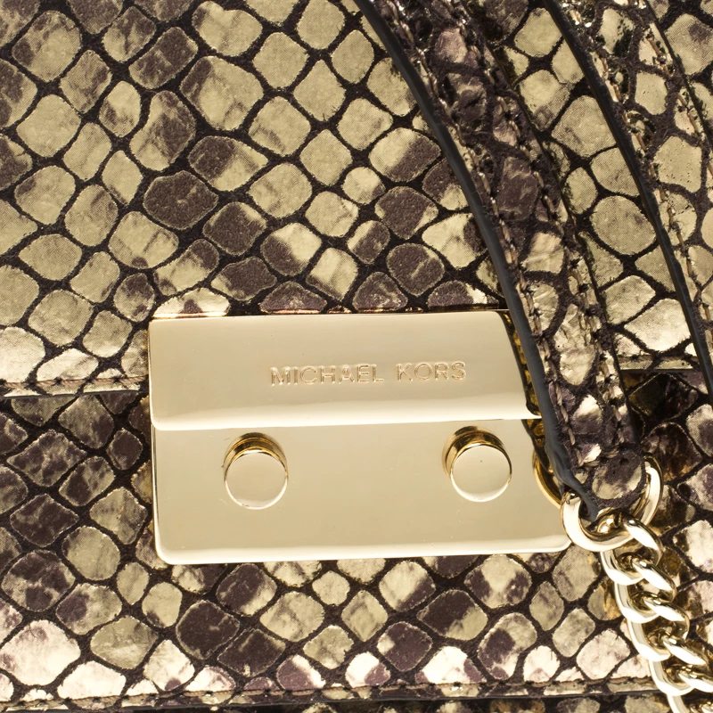 Michael Kors Metallic Gold Python Embossed Leather Small Sloan Shoulder Flap Bag For Women - Image 5