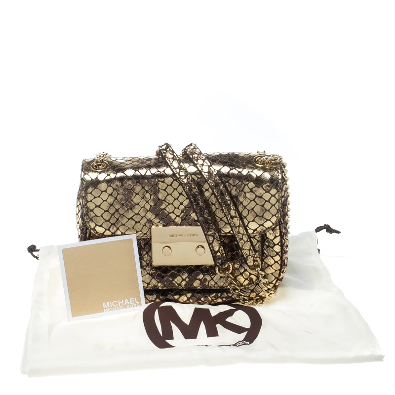 Michael Kors Metallic Gold Python Embossed Leather Small Sloan Shoulder Flap Bag For Women - Image 9